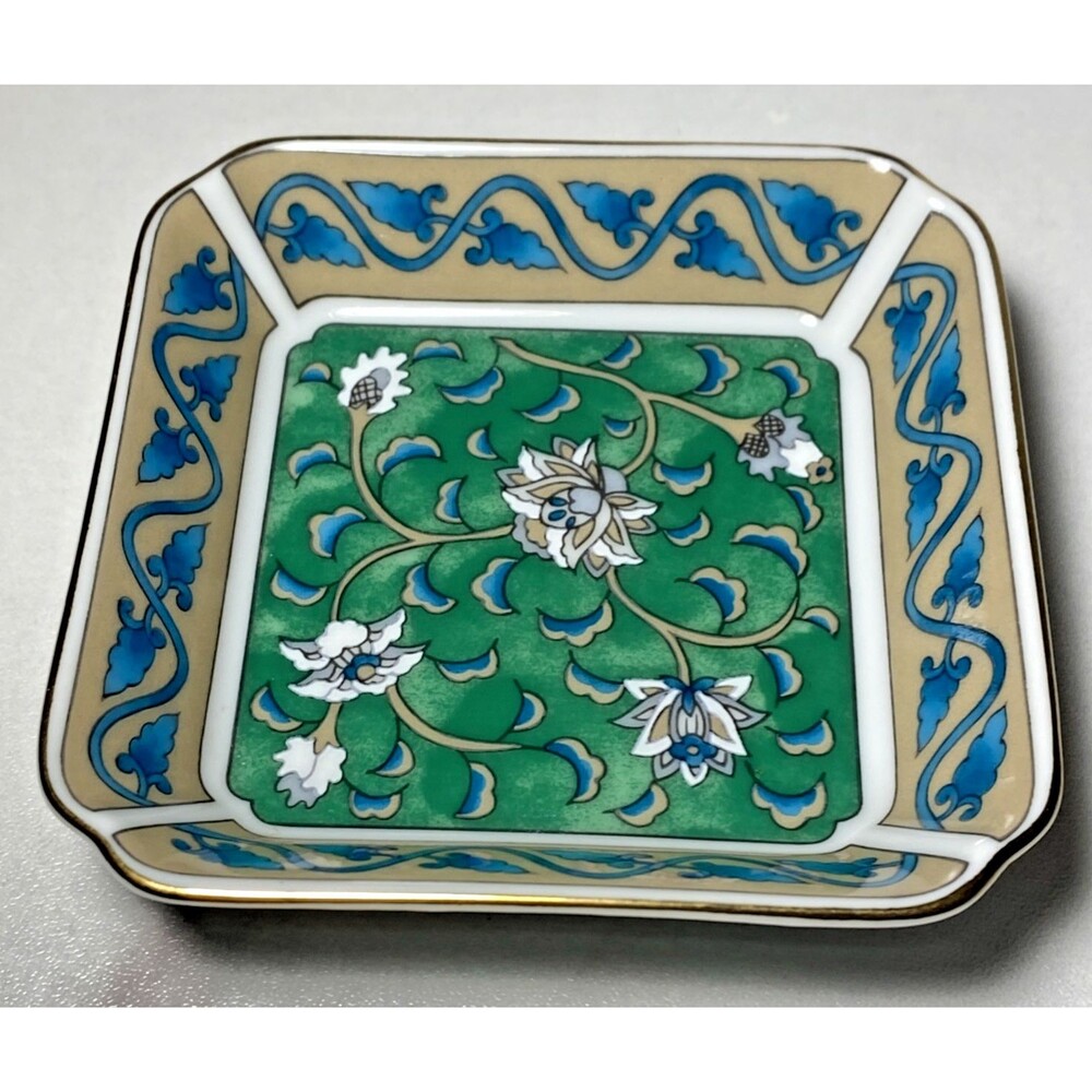 Vintage 1986 Etude Takahashi Blue & Green Floral Hand Decorated Trinket San Fran